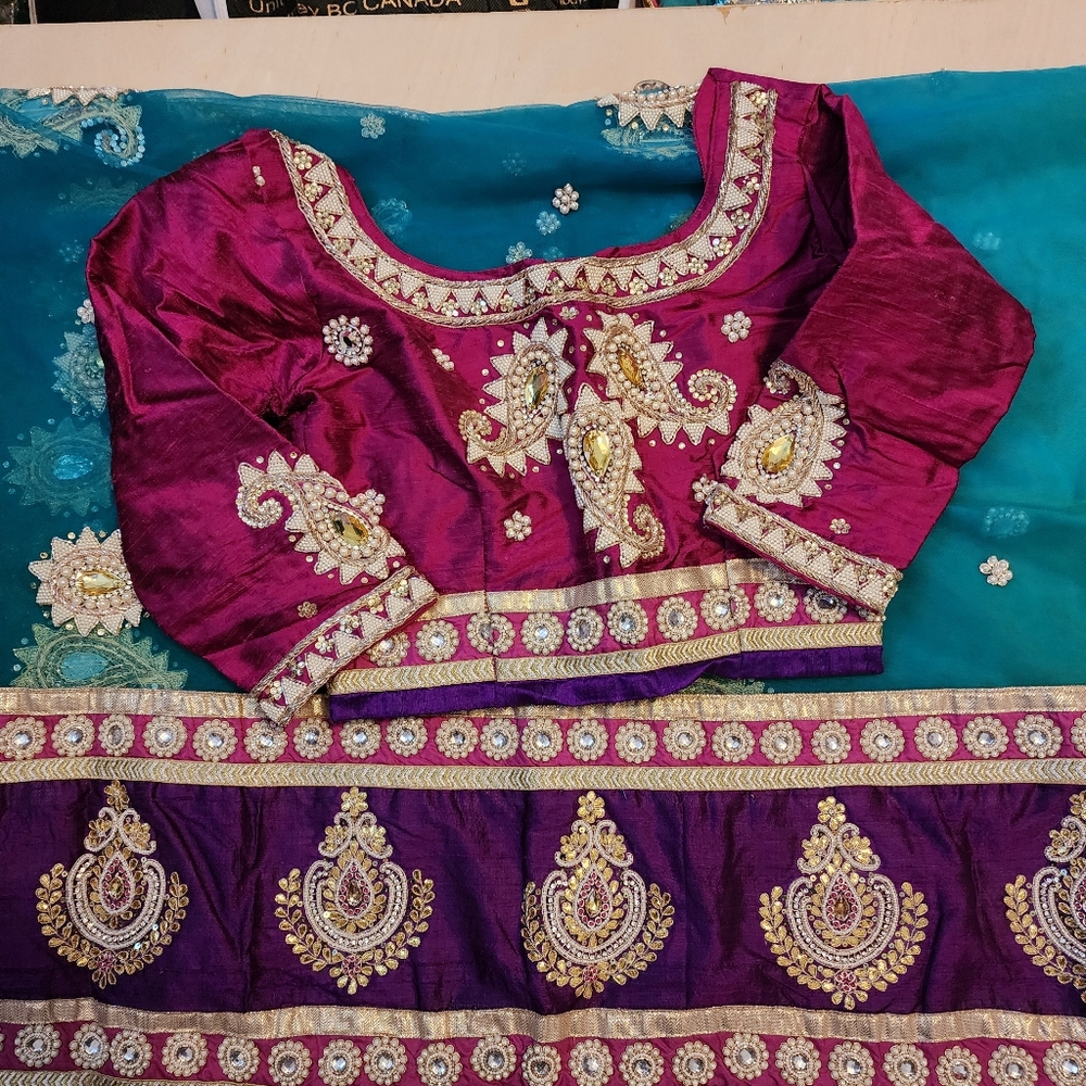 Emerald Green, Fuchsia & Purple Net Saree with Pearl Embroidery Blouse Size S